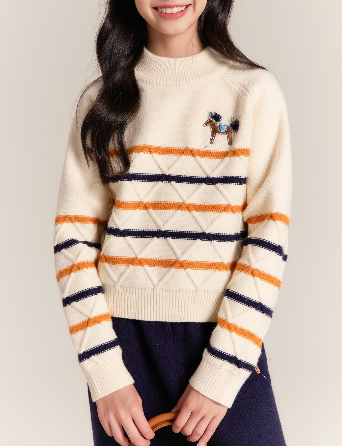 Girls Argyle Stripe Knit Sweater with Horse Embroidery