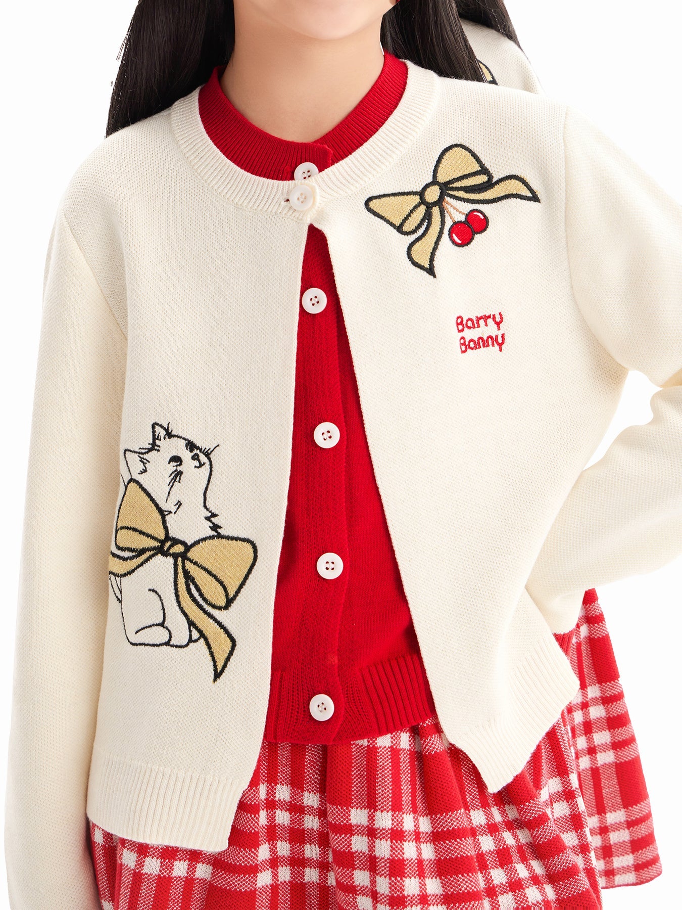 Charming Cat Knitted Cardigan & Red Plaid Pleated Skirt Set for Girls