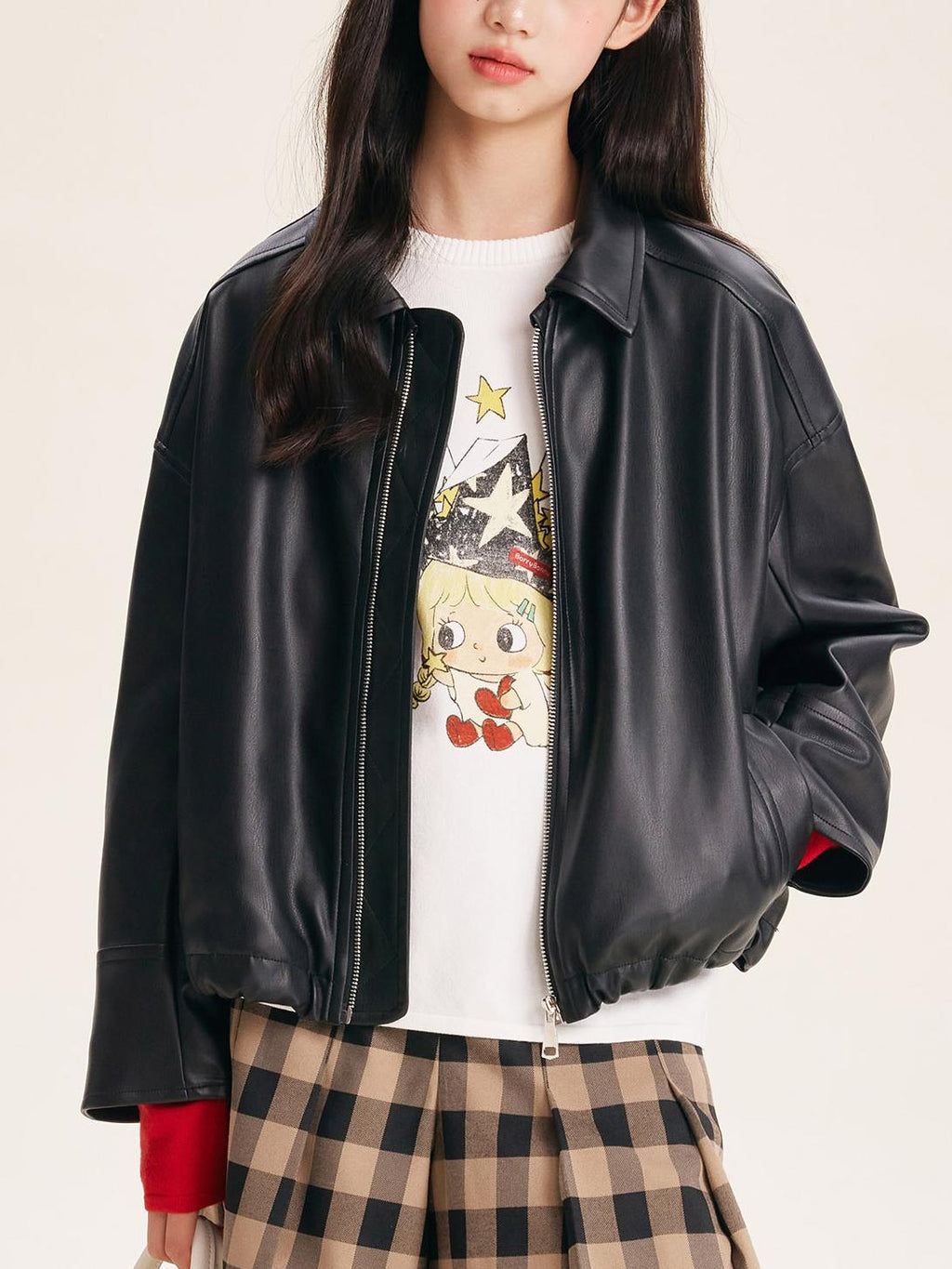 Girls' Black Faux Leather Zip-Up Bomber Jacket
