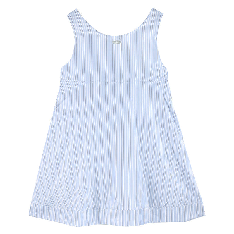 Girls Sleeveless Striped Dress with Floral Embellishments