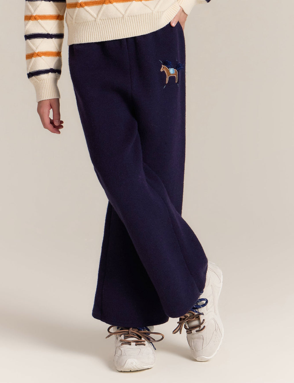 Girls Wide Leg Knit Pants with Cute Embroidery