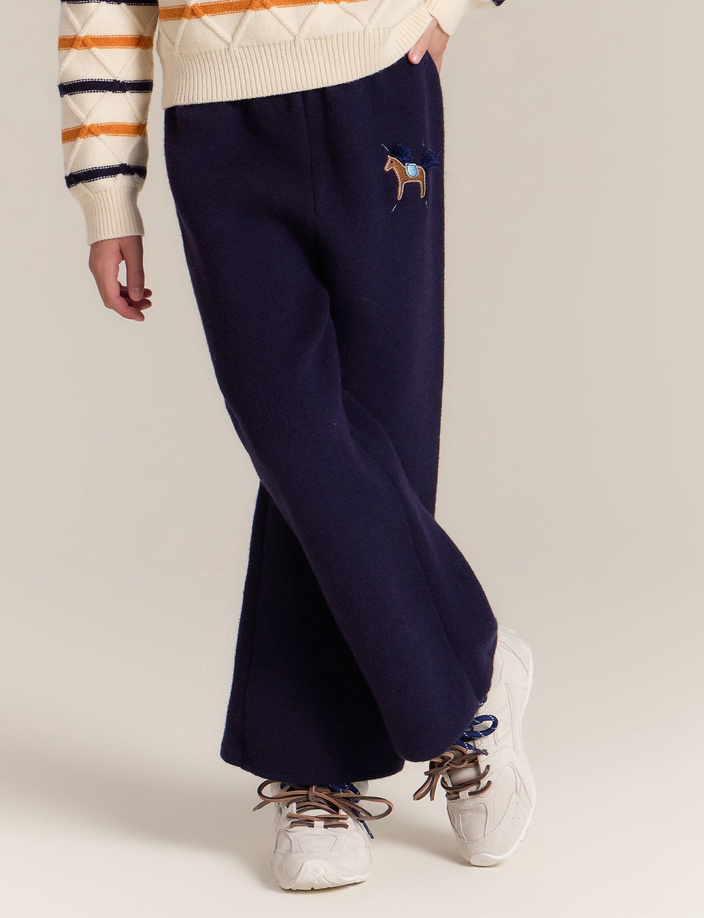 Girls Wide Leg Knit Pants with Cute Embroidery