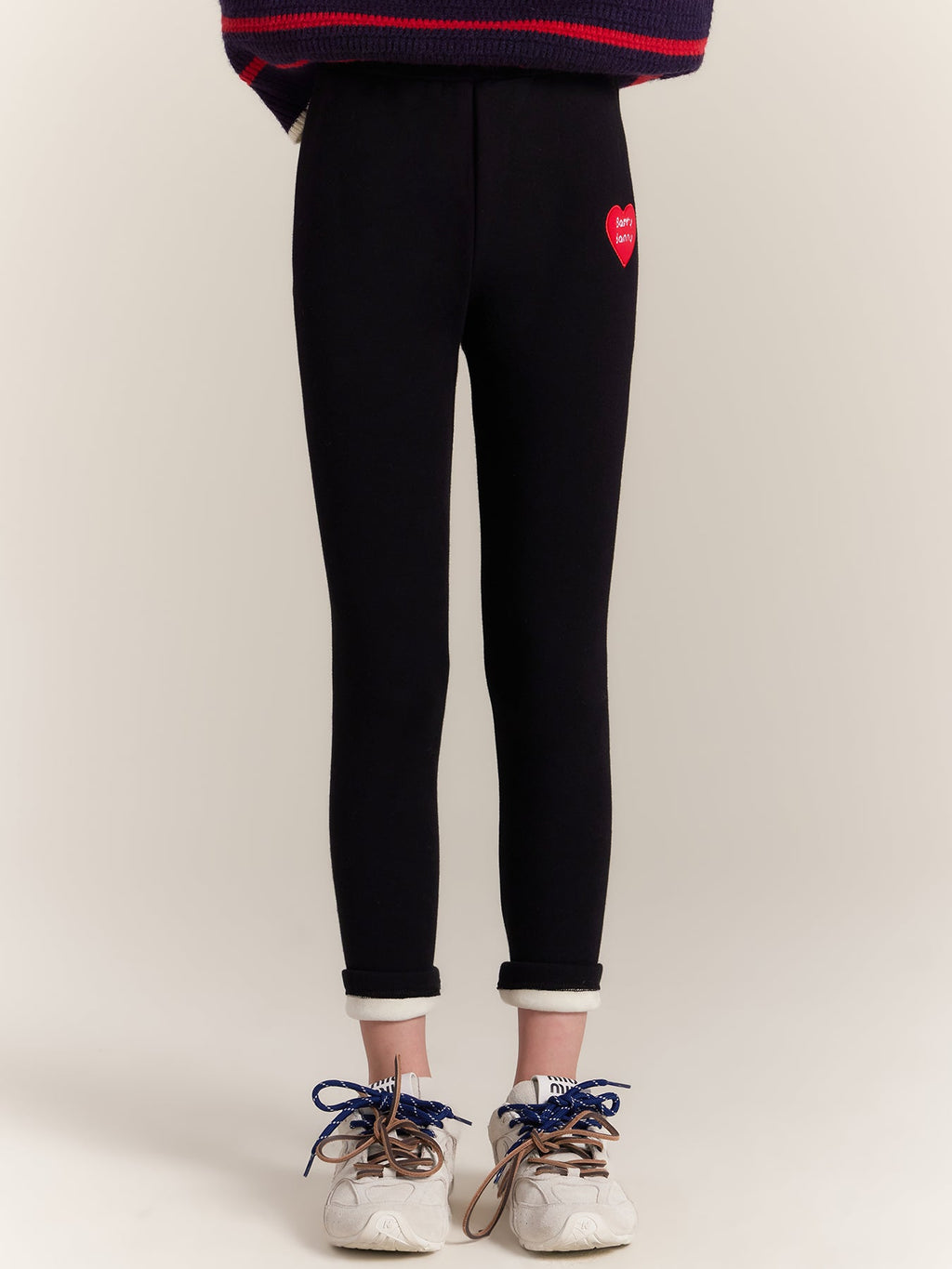 Girls Fleece Lined Black Leggings with Heart Patch