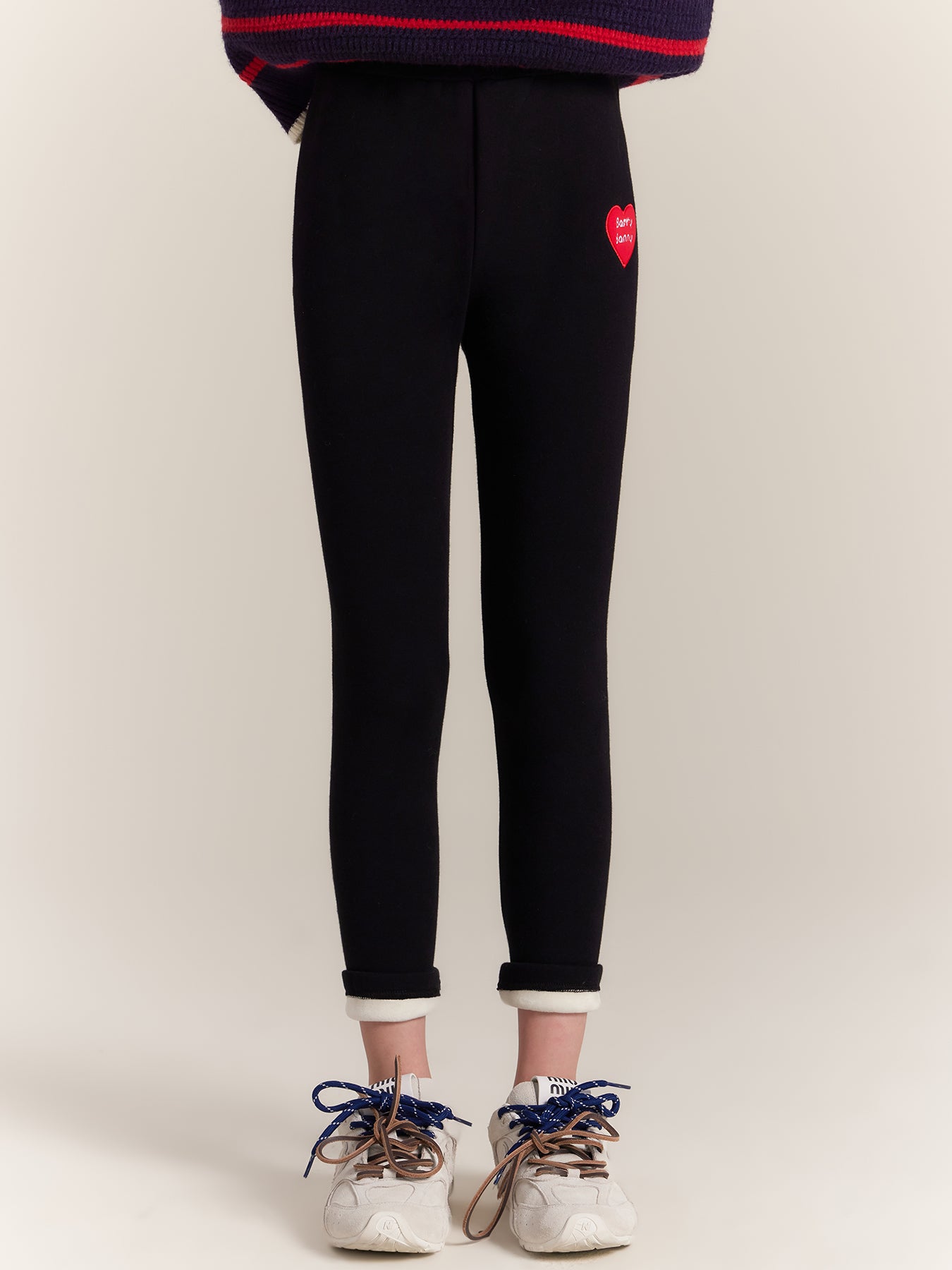 Girls Fleece Lined Black Leggings with Heart Patch