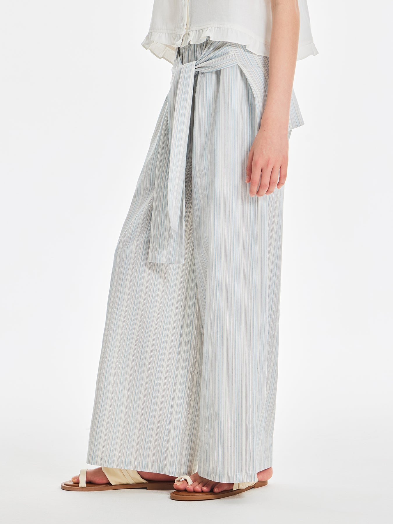 Striped Wide Leg Pants with Tie Waist and Pockets