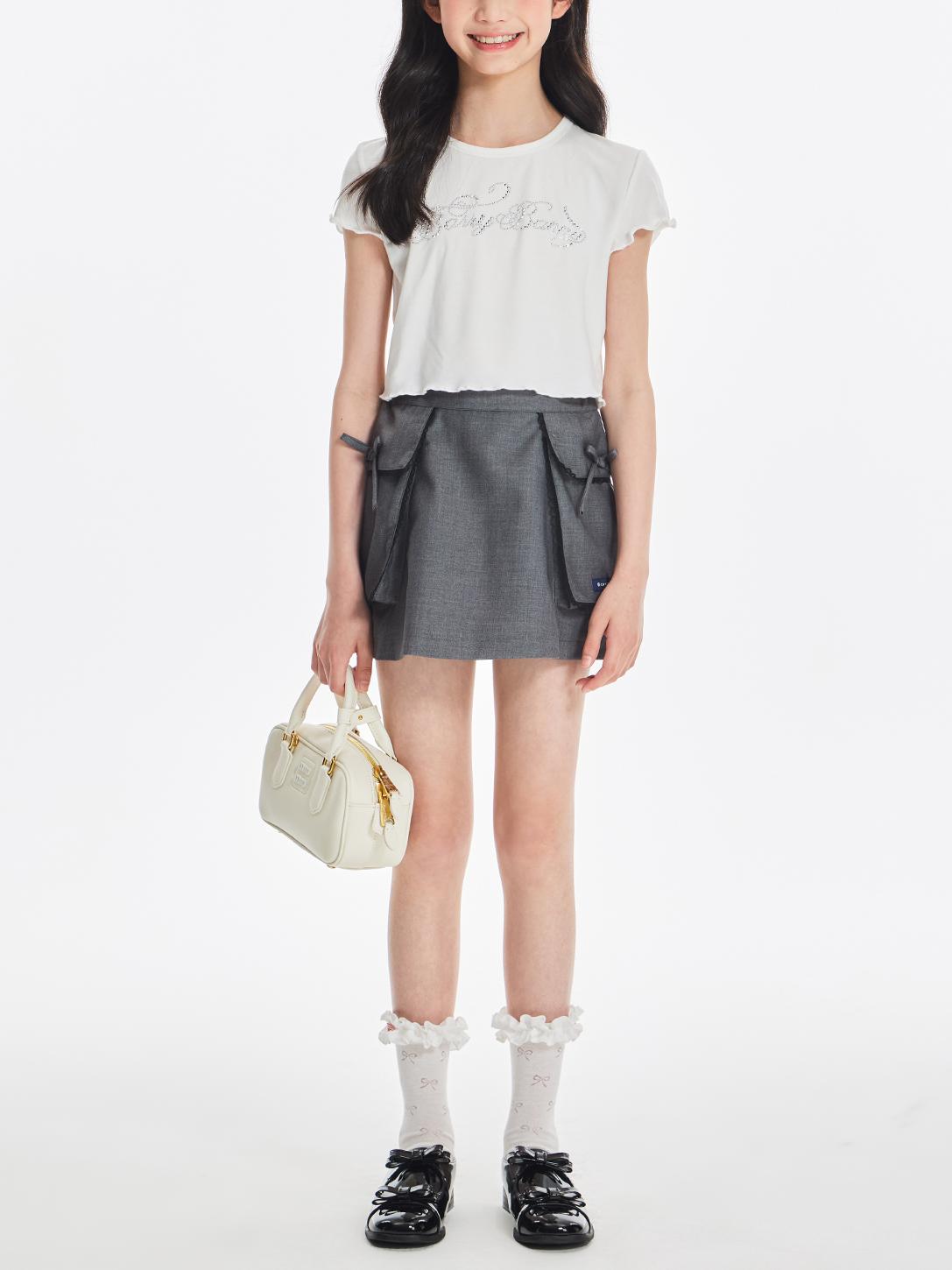 Girls Rhinestone Letter Ruffle Sleeve White T Shirt