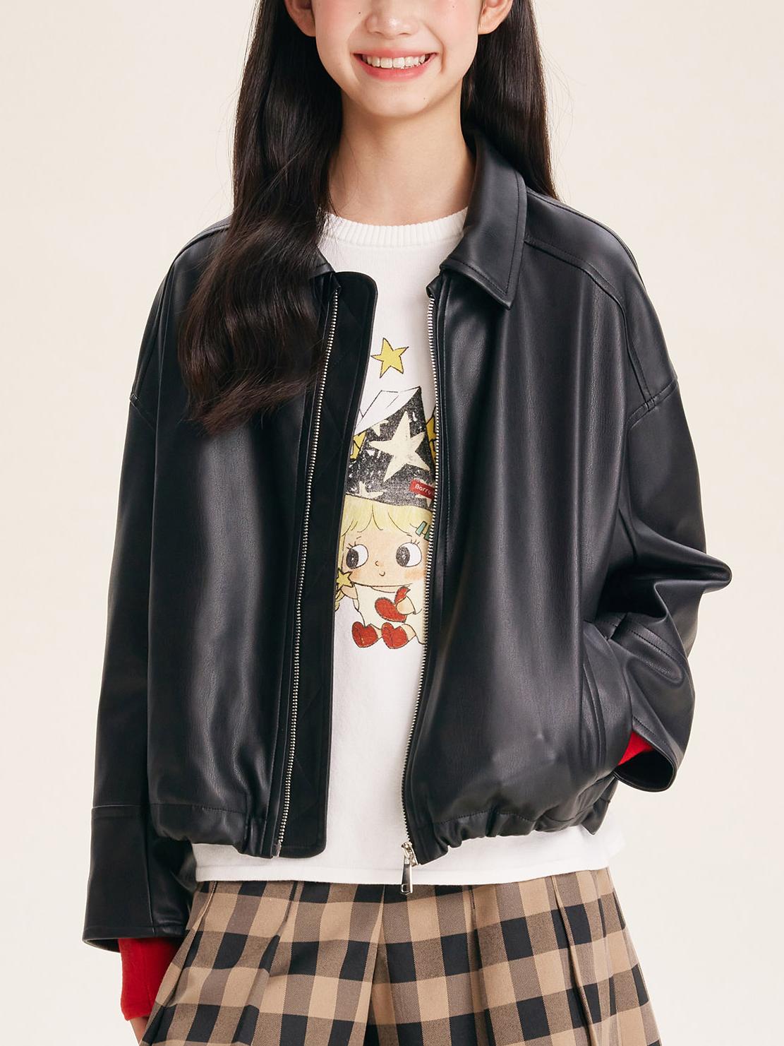 Girls' Black Faux Leather Zip-Up Bomber Jacket