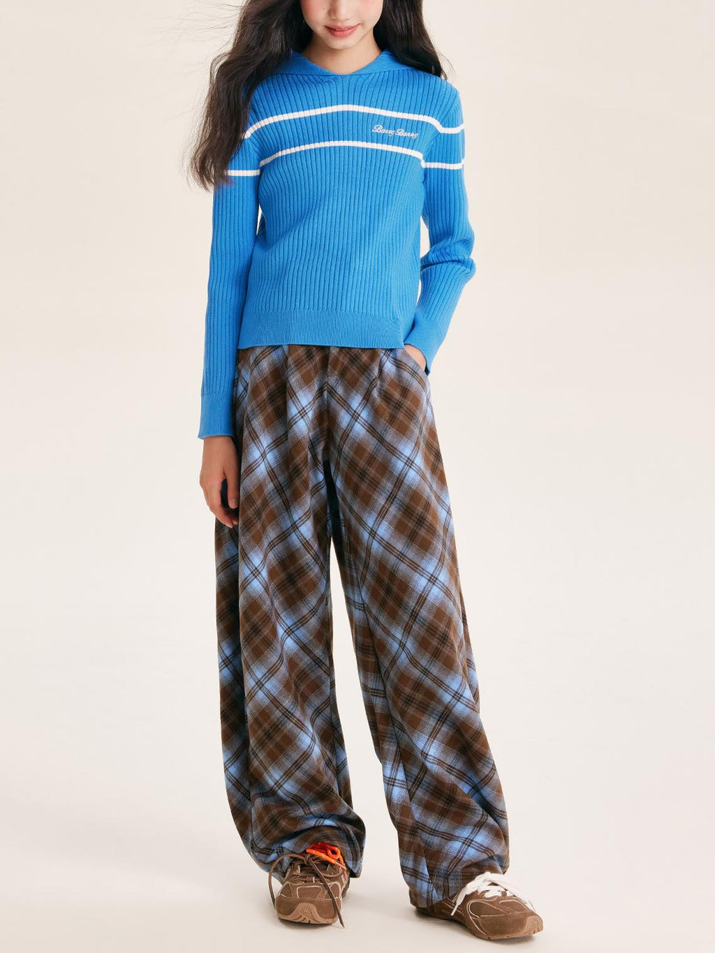 Unisex Blue Plaid Wide Leg Pants with Relaxed Fit