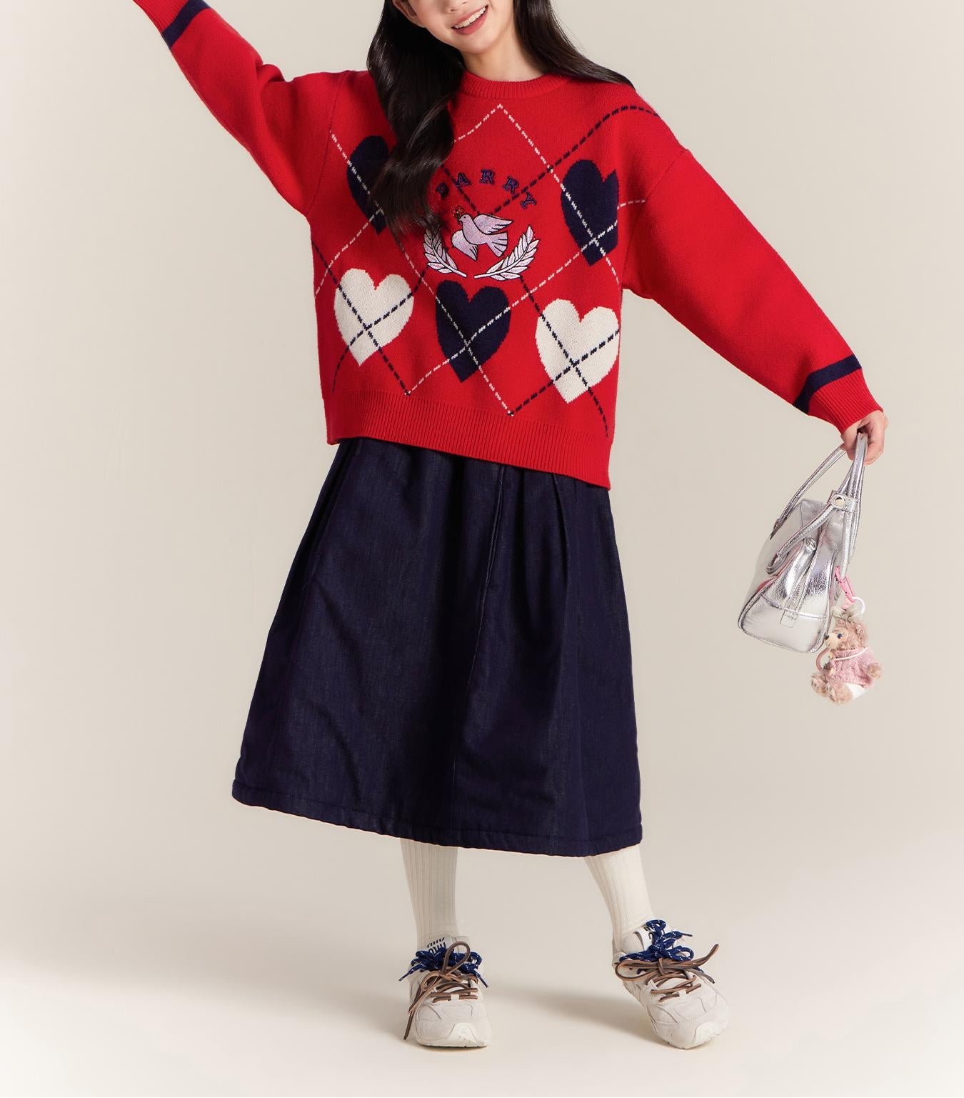 Girls Red Knit Sweater with Heart Embroidery Pullover