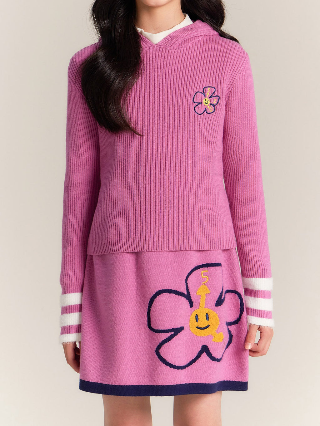 Girls Pink Hoodie Knit Top and Skirt Set