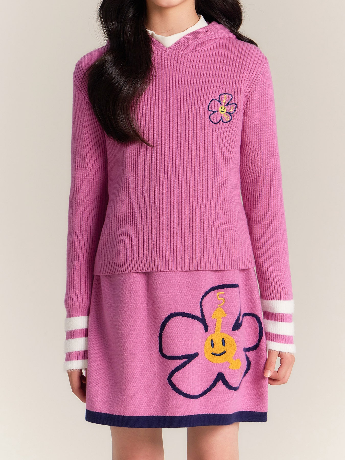Girls Pink Hoodie Knit Top and Skirt Set