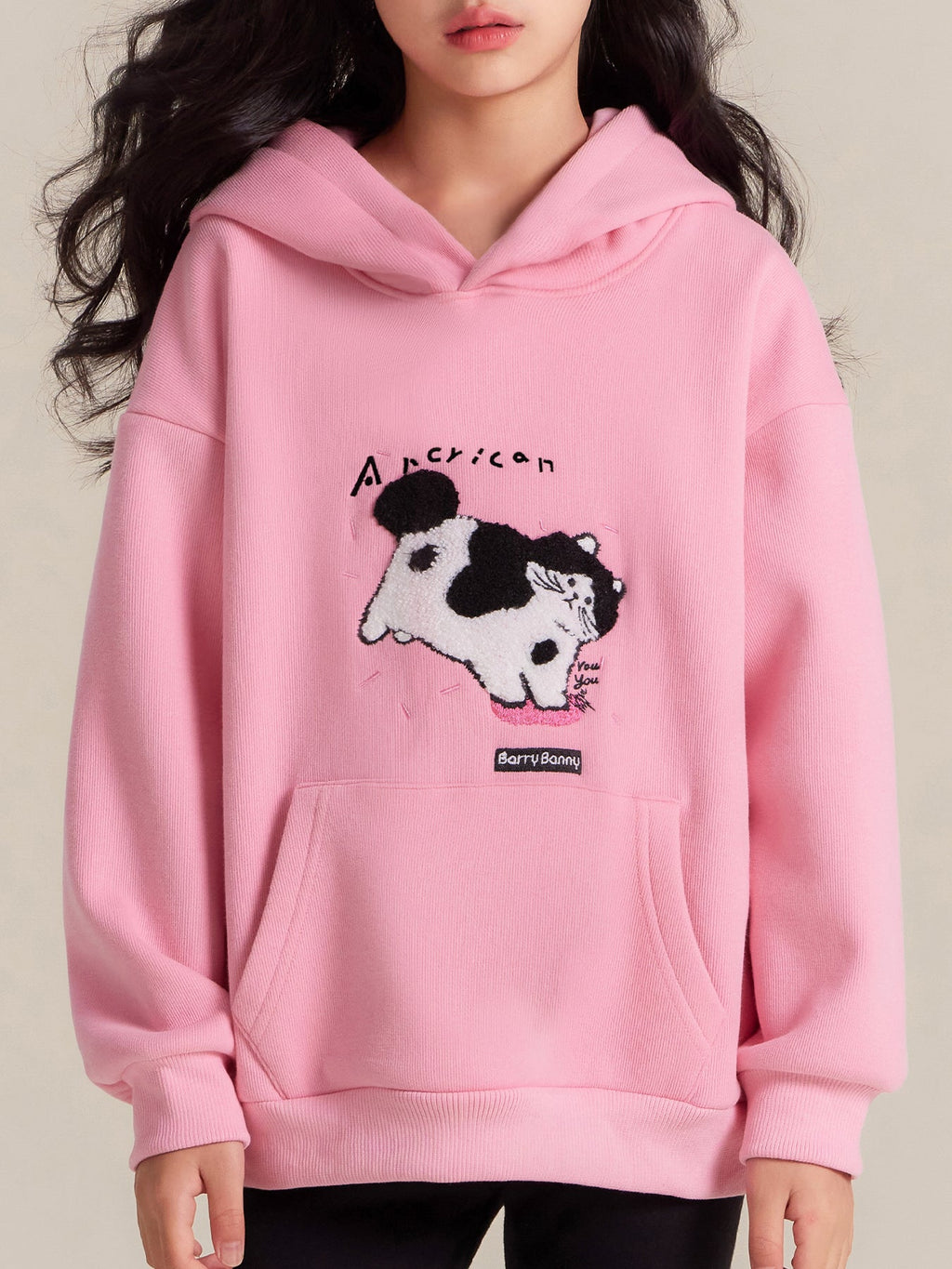 Girls Pink Cat Hoodie Sweatshirt Fleece Lined Casual Top