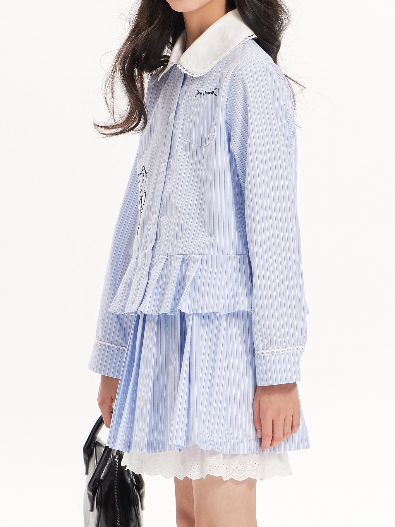 Girls Striped Doll Collar Embroidered Cat Set