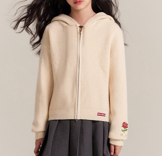 Girls Knit Hoodie with Flower Embroidery