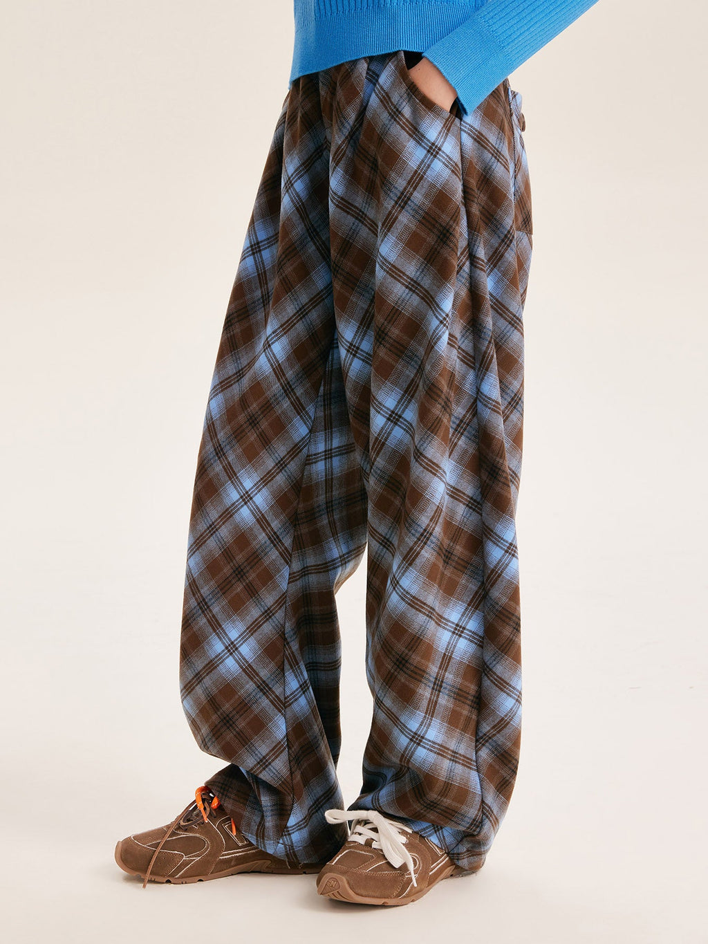 Unisex Blue Plaid Wide Leg Pants with Relaxed Fit
