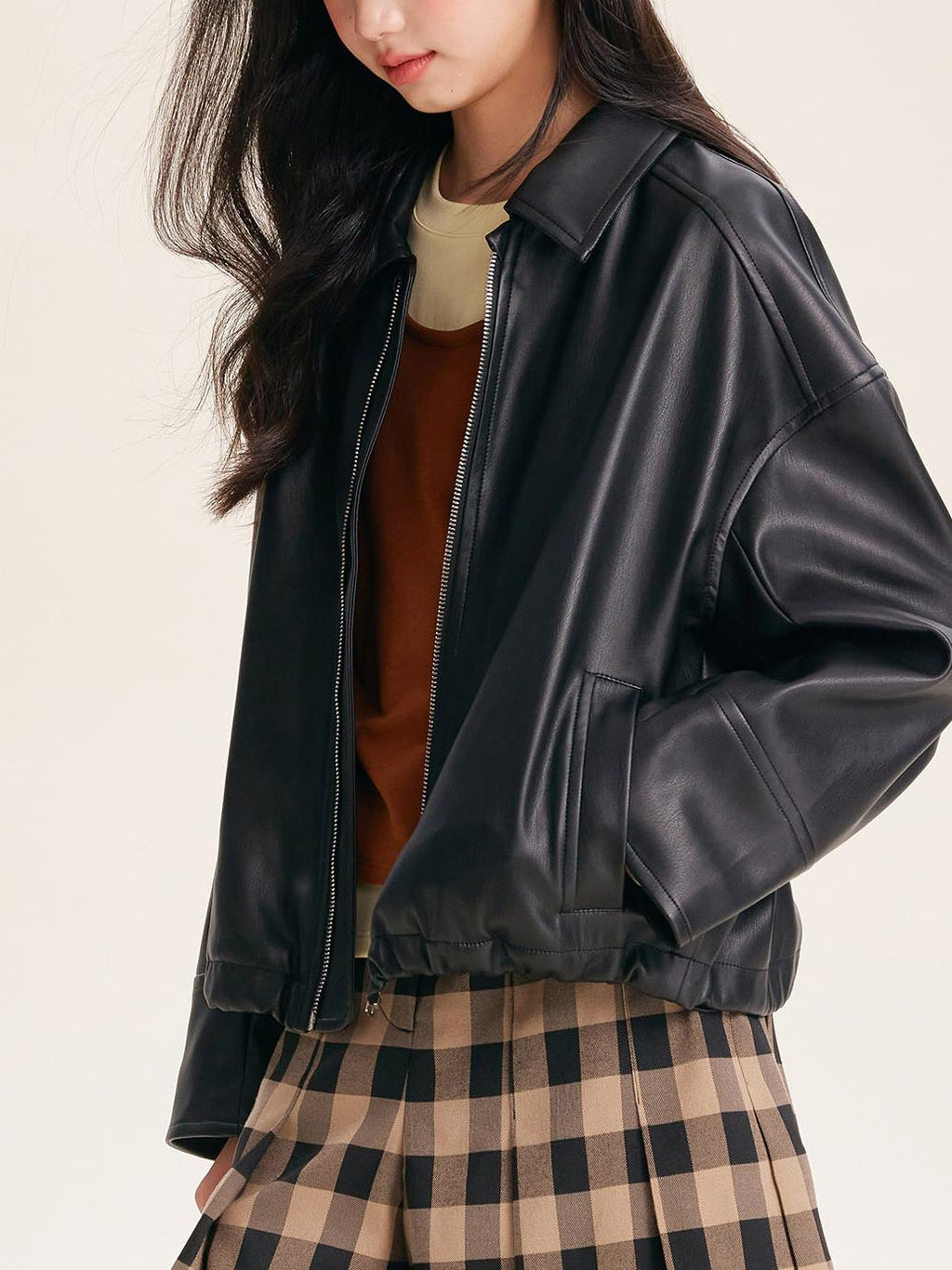 Girls' Black Faux Leather Zip-Up Bomber Jacket