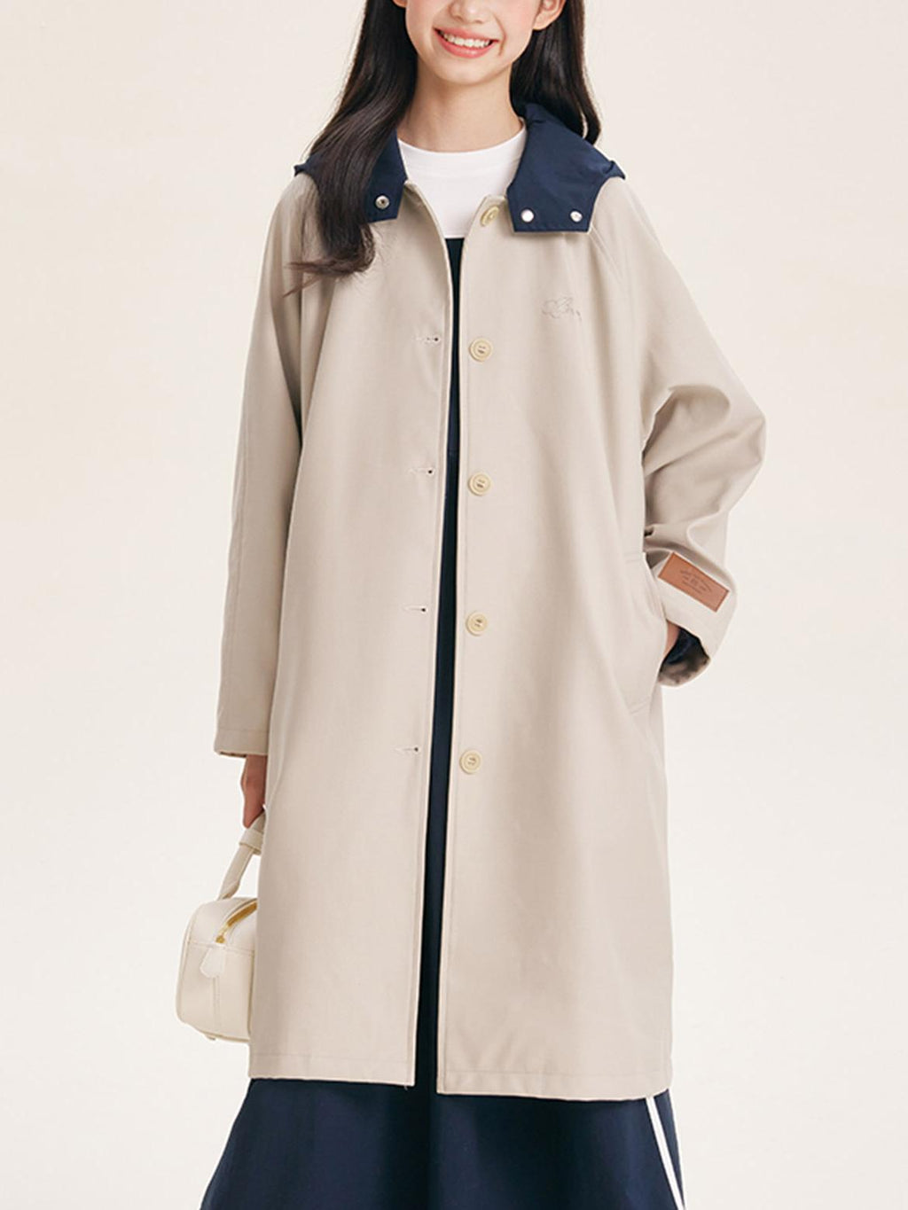 Stylish Mid-Length Trench Coat for Girls – Classic Apricot with Navy Collar