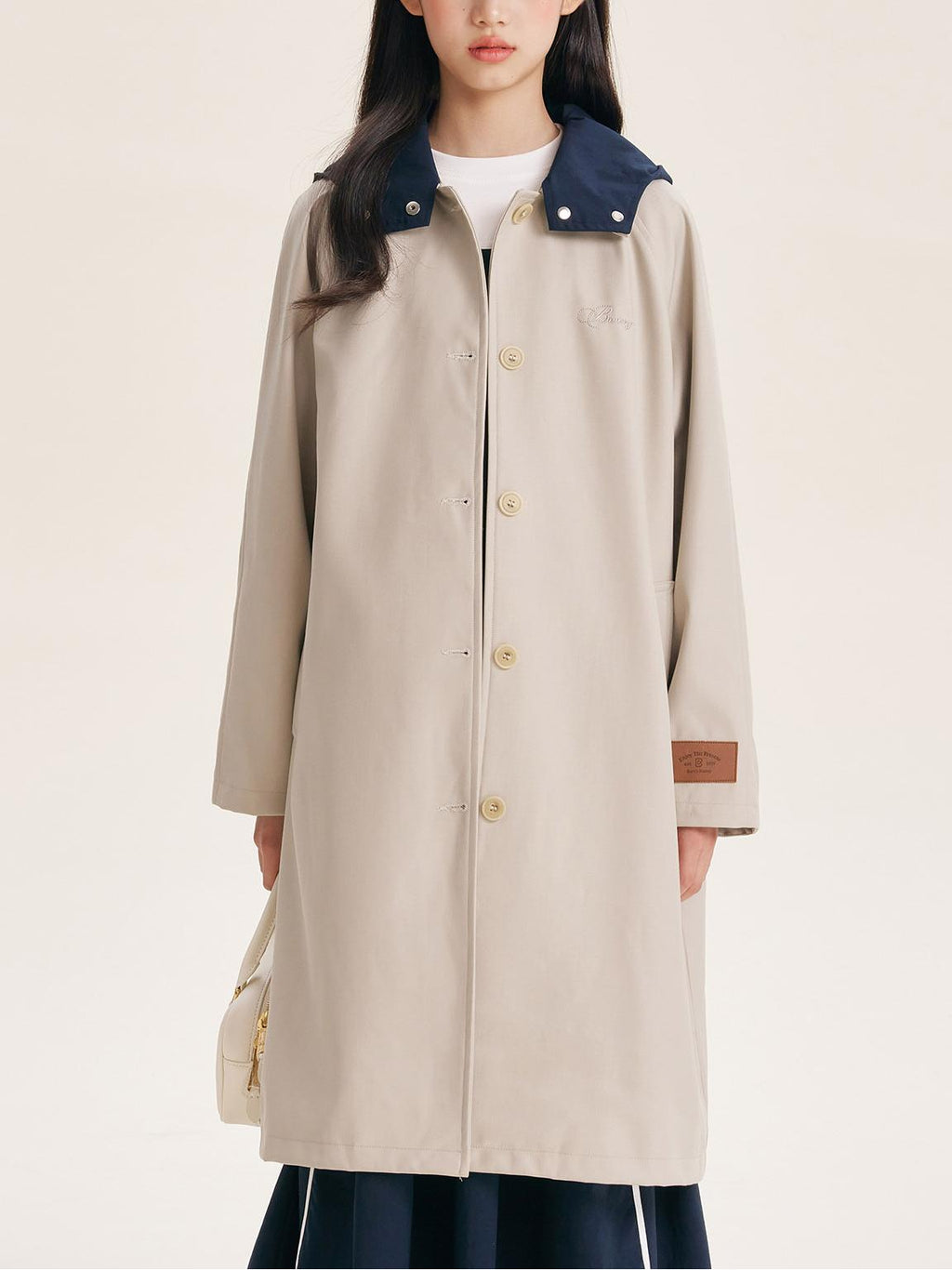 Stylish Mid-Length Trench Coat for Girls – Classic Apricot with Navy Collar