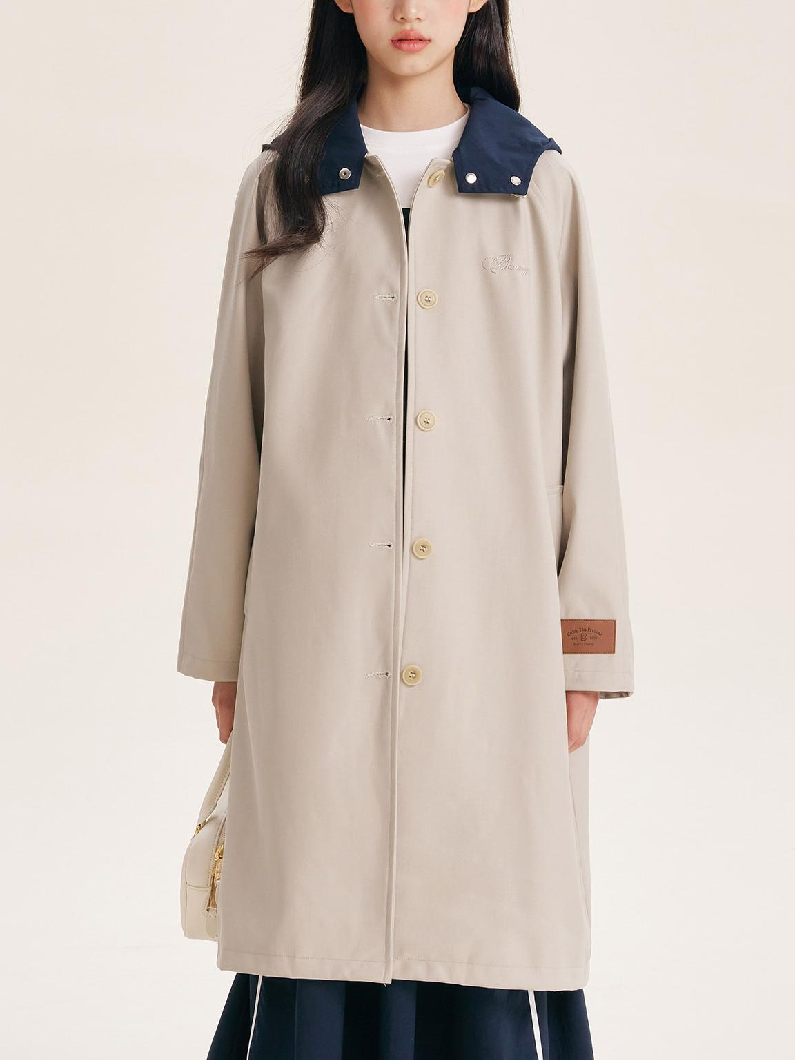 Stylish Mid-Length Trench Coat for Girls – Classic Apricot with Navy Collar