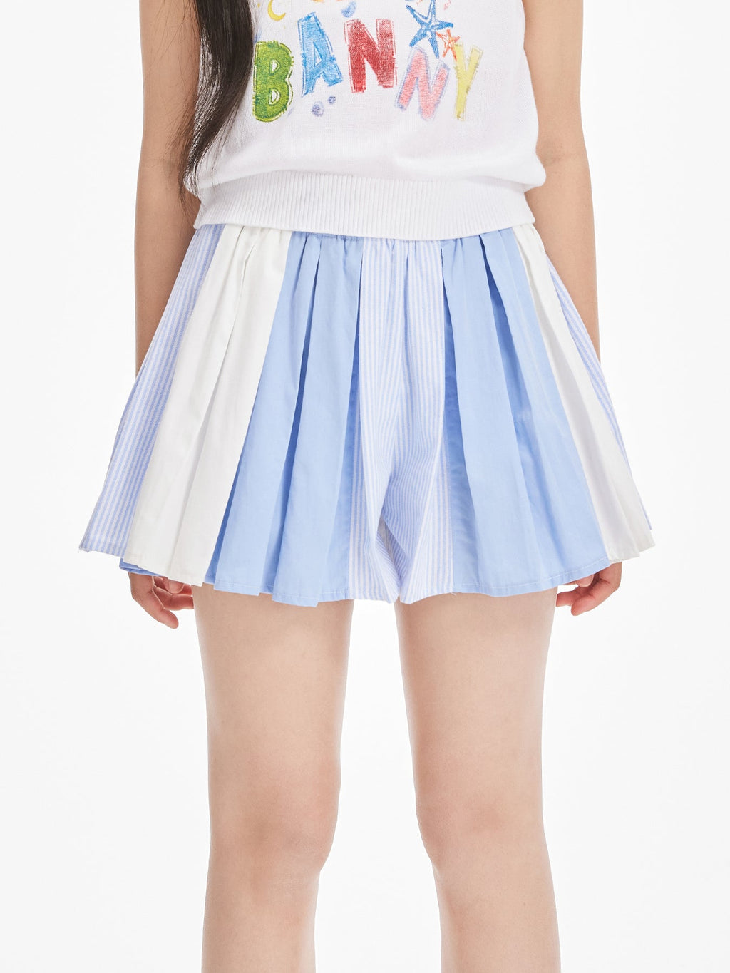 Blue & White Colorblock Pleated Skirt for Girls