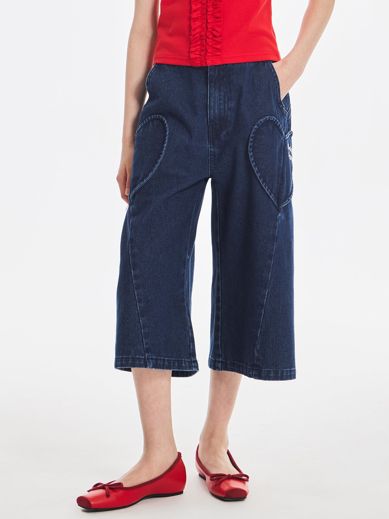 Girls Vintage Embroidered Wide Leg Denim Pants with Pockets