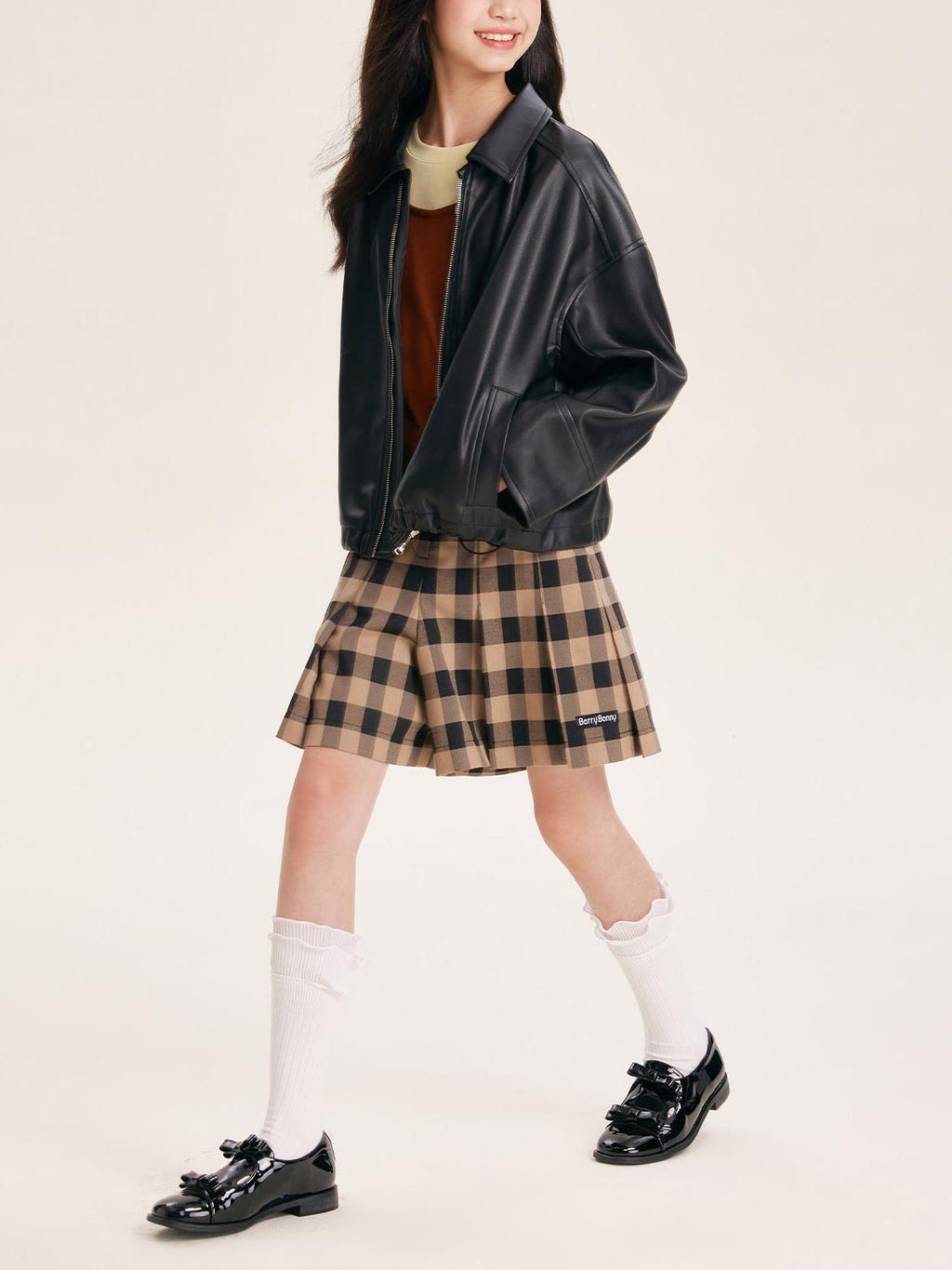 Girls' Black Faux Leather Zip-Up Bomber Jacket