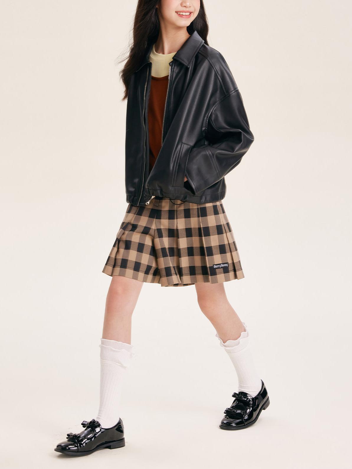 Girls' Black Faux Leather Zip-Up Bomber Jacket