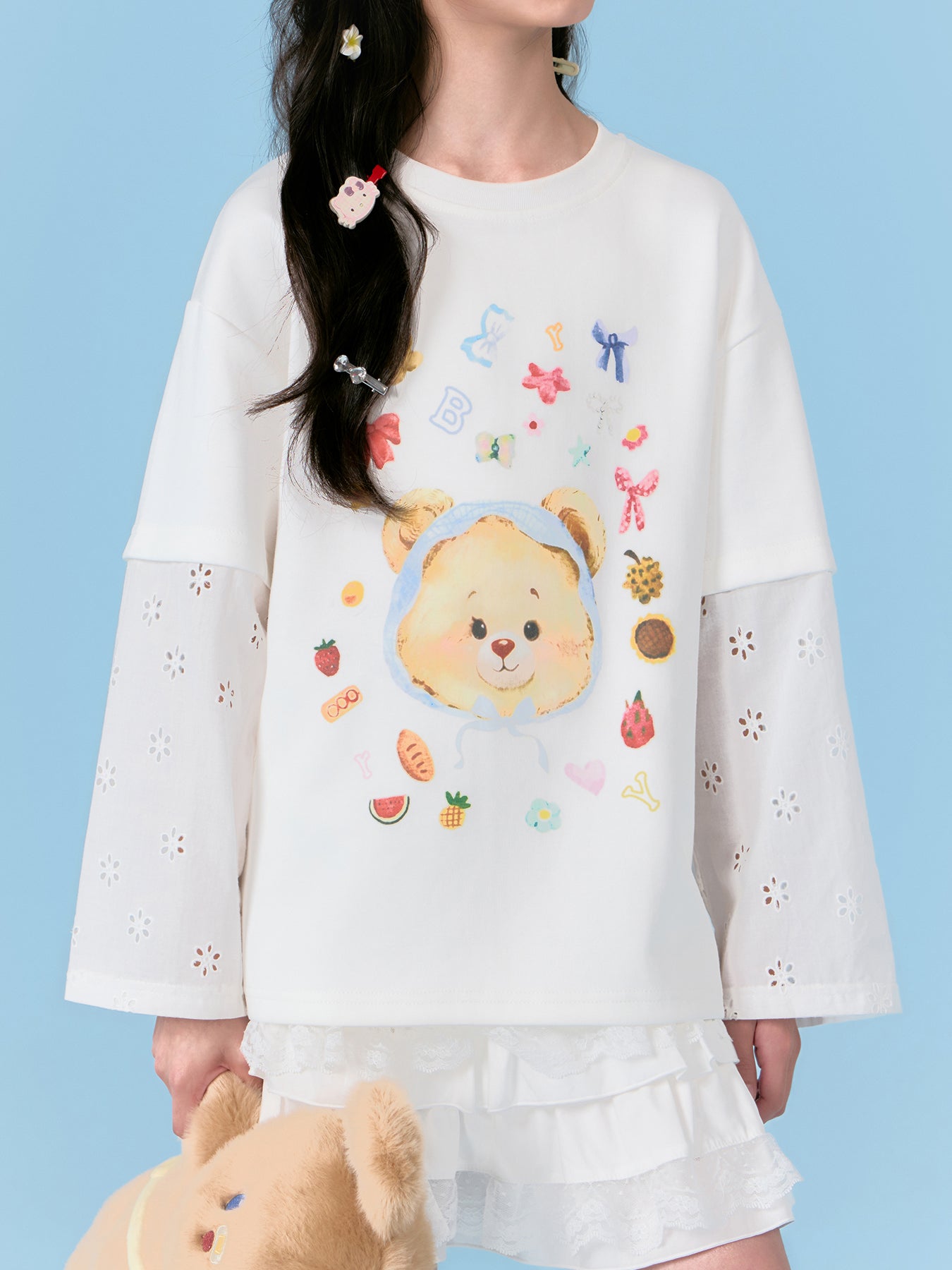Girls Bear Print Long Sleeve Tee with Lace Patchwork