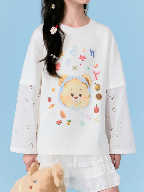 Girls Bear Print Long Sleeve Tee with Lace Patchwork