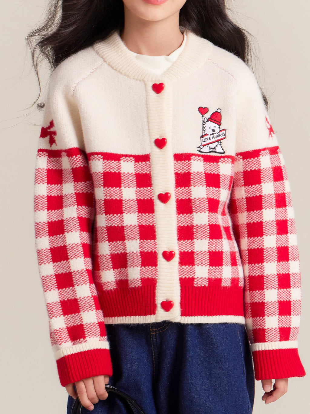 Girls Red Plaid Knit Cardigan Sweater with Heart Buttons