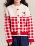 Girls Red Plaid Knit Cardigan Sweater with Heart Buttons