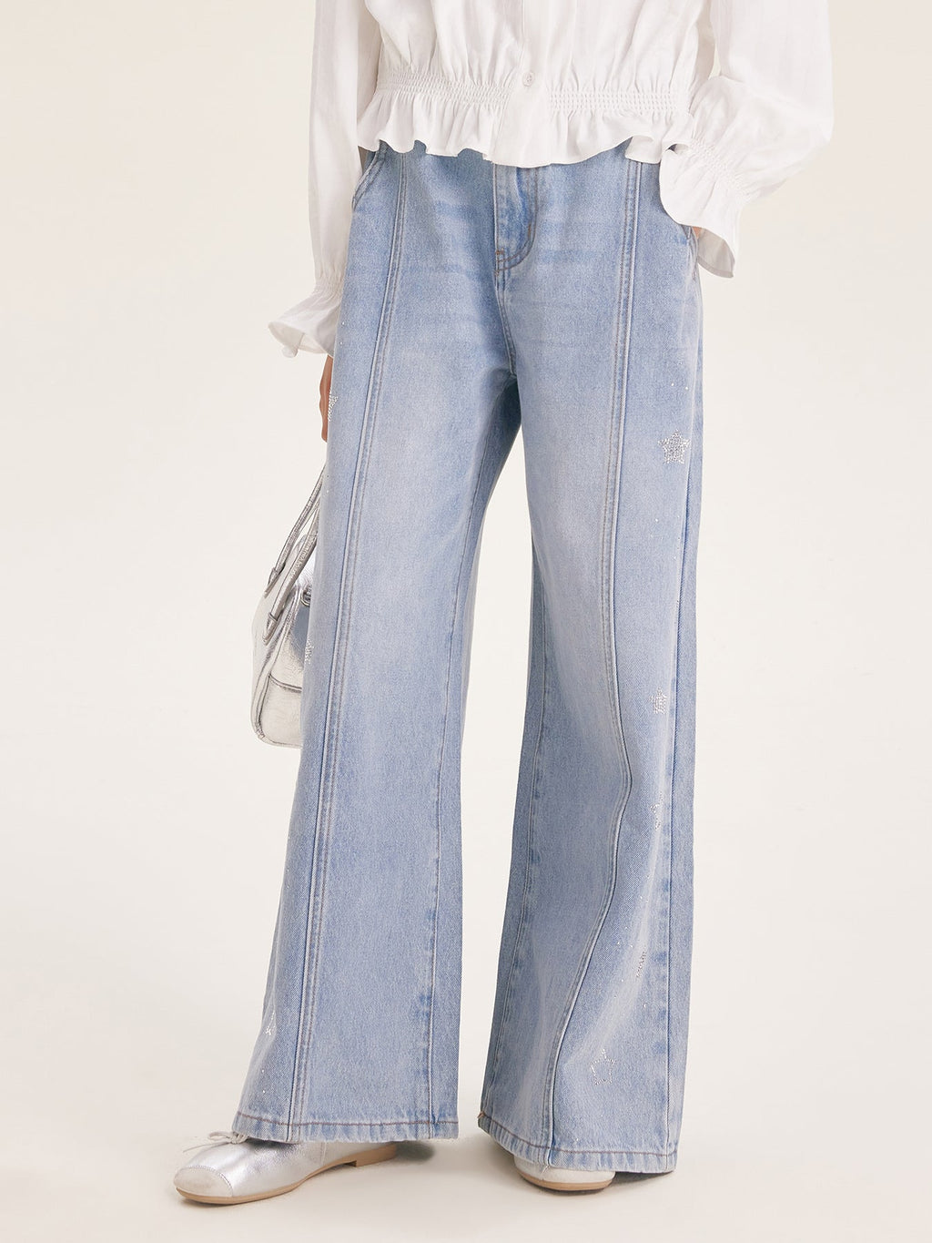 Girl's Wide Leg Star Print Denim Jeans Casual Pants