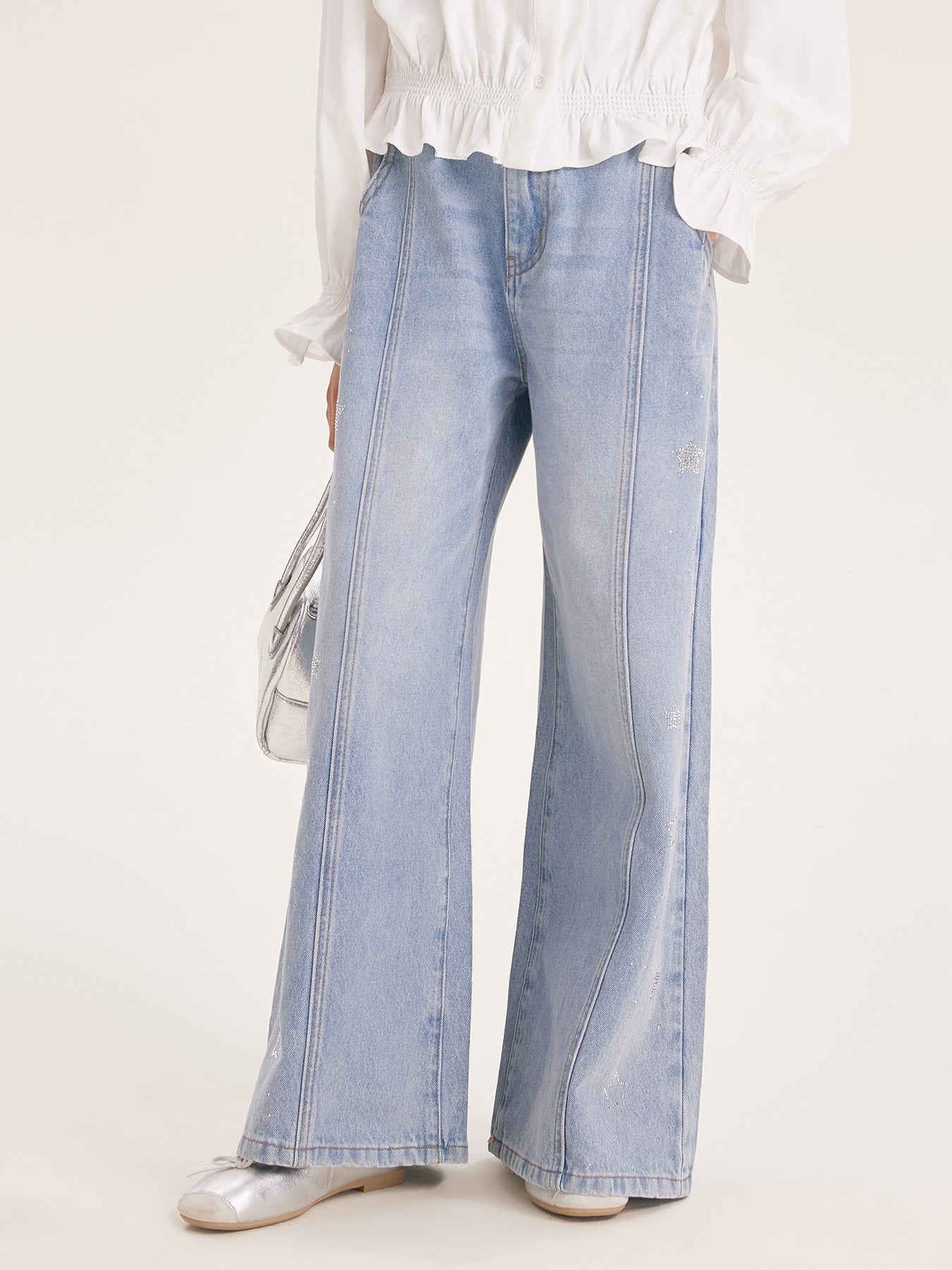 Girl's Wide Leg Star Print Denim Jeans Casual Pants