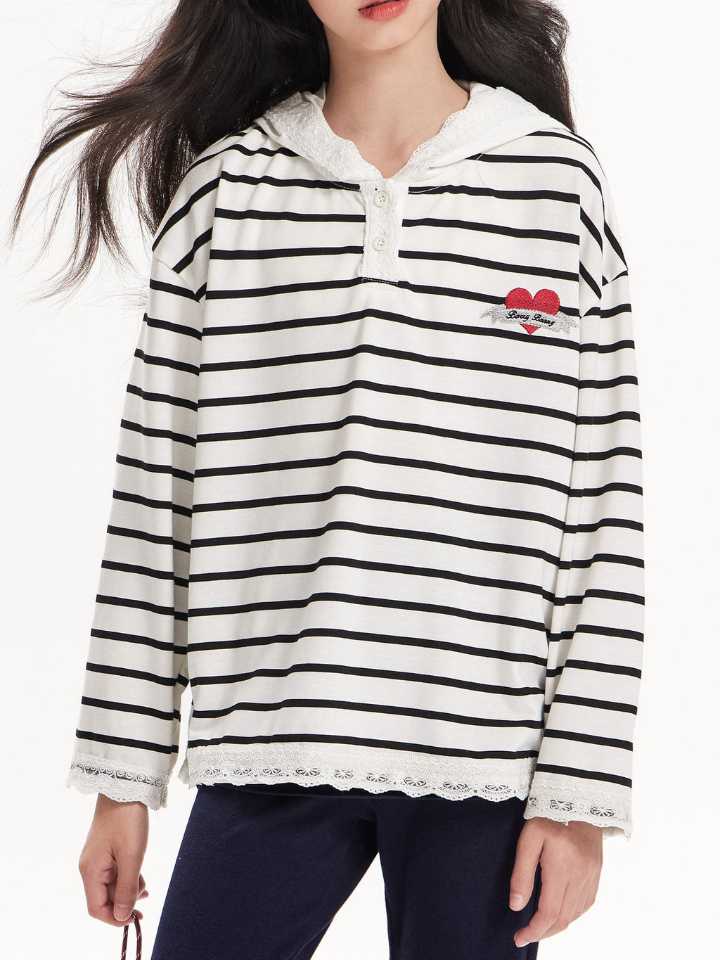 Heart Striped Hoodie with Lace Detail - Girls' Classic T-Shirt