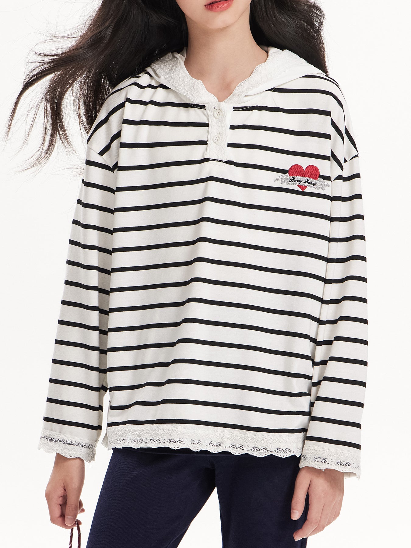 Heart Striped Hoodie with Lace Detail - Girls' Classic T-Shirt