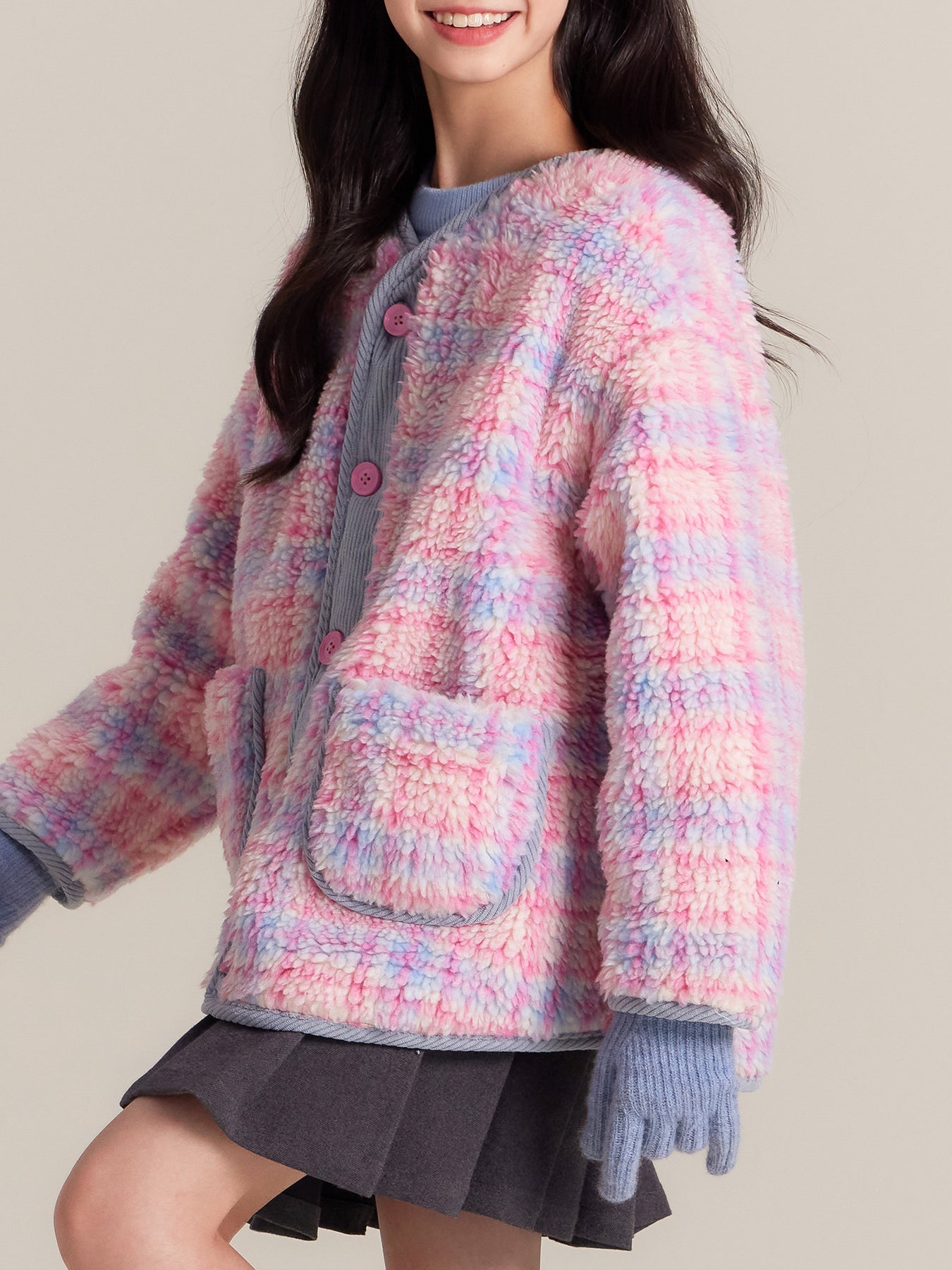 Girls Pink Plaid Sherpa Fleece Jacket Warm Winter Coat