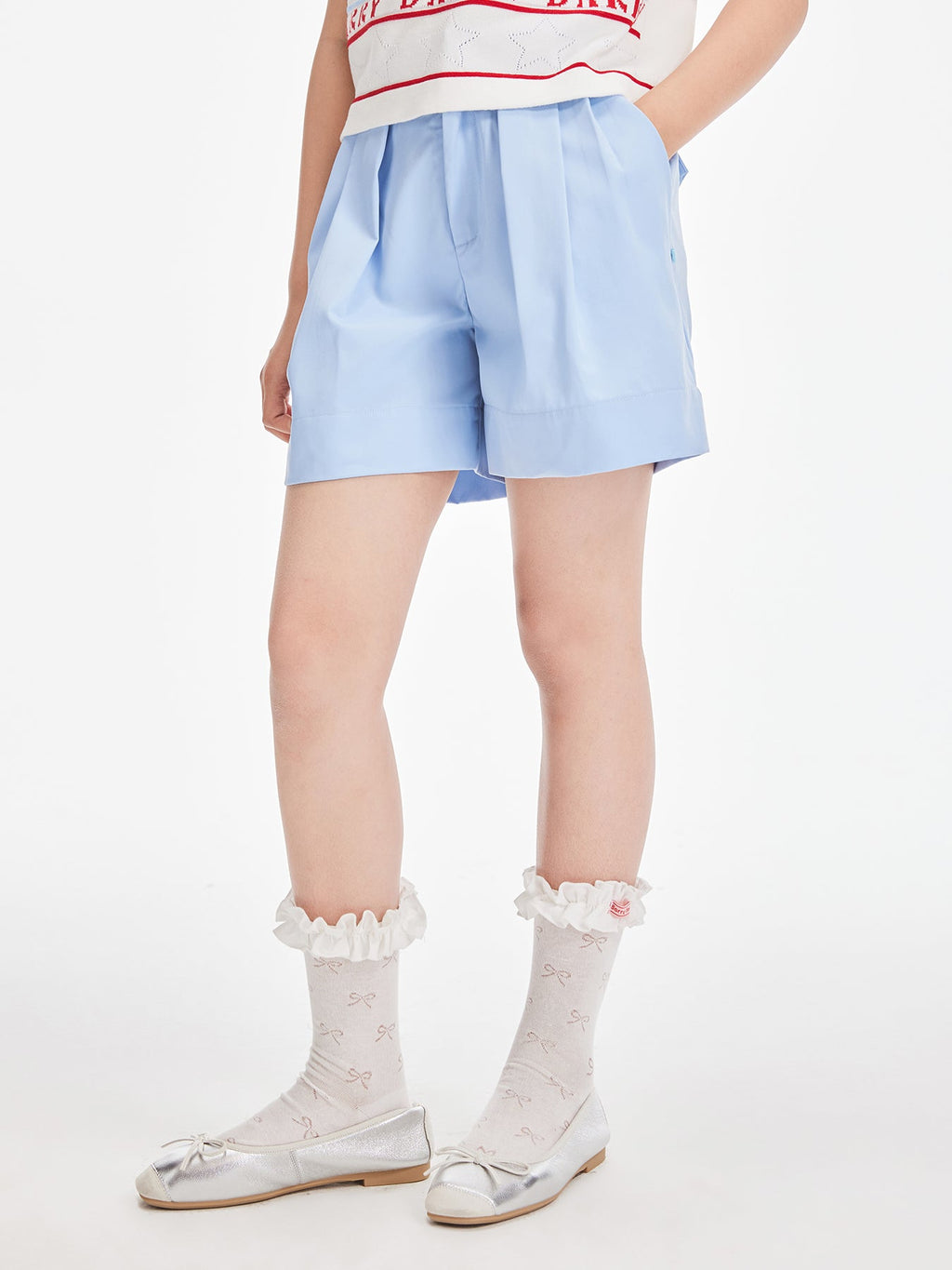Girls Light Blue Pleated Casual Summer Shorts