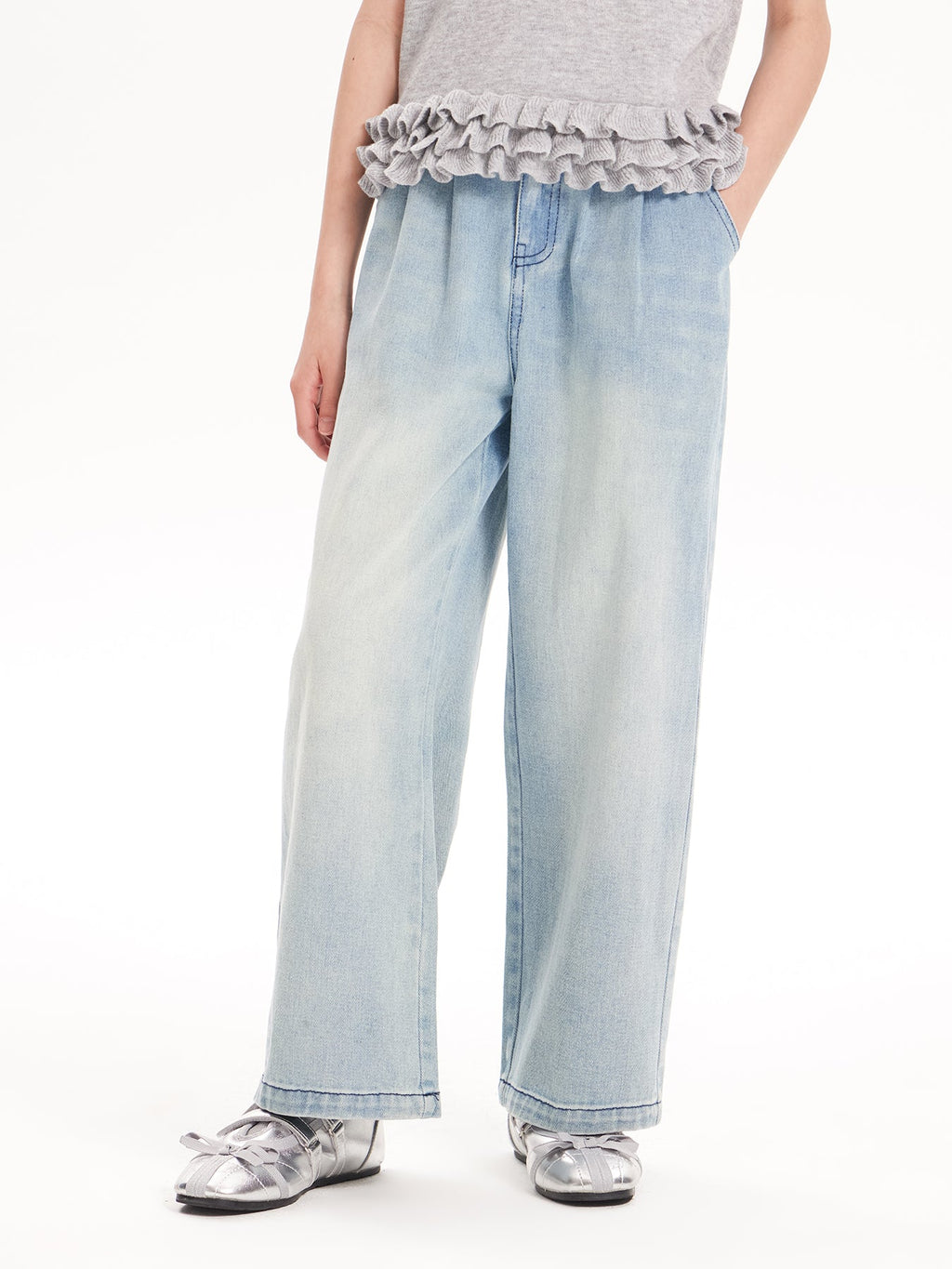 2025 Spring Girls Washed Straight Leg Denim Jeans | Solid Color Long Pants