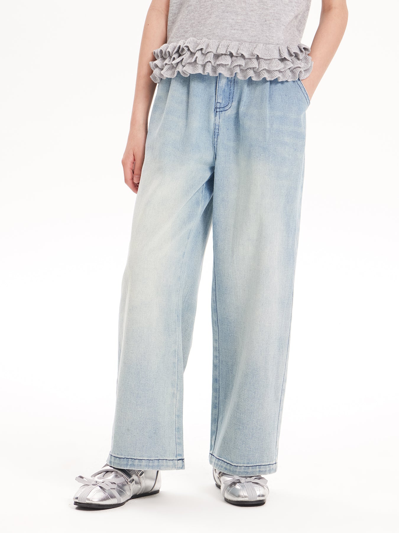 2025 Spring Girls Washed Straight Leg Denim Jeans | Solid Color Long Pants