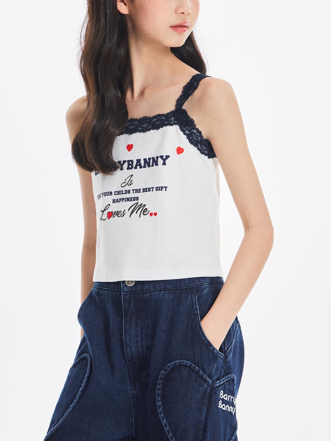 Girls Lace Trim Letter Print Summer Tank Top Cami