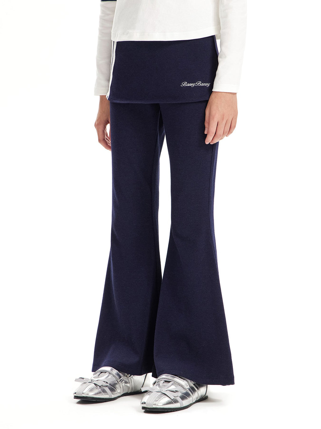 Girls Flared Pants with Skirt Overlay and Logo Embroidery