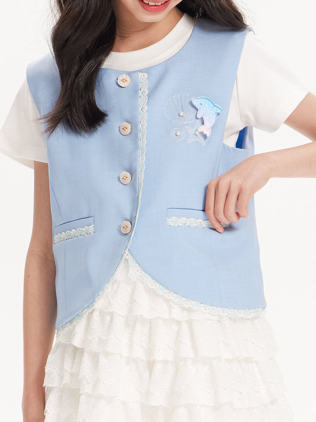 Girls Dolphin Embroidered Lace Trim Sleeveless Vest Top