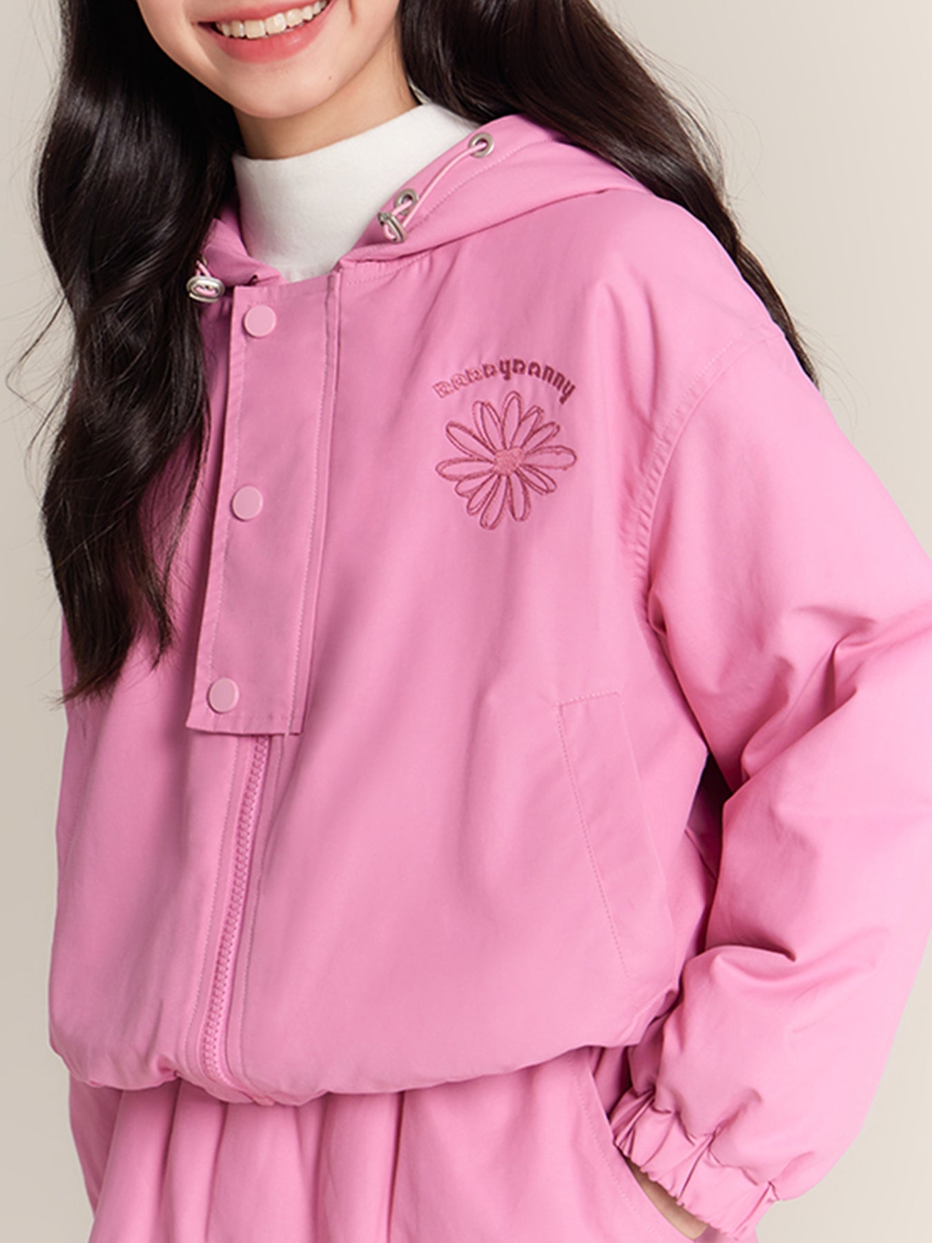 Girls Hooded Jacket with Sunflower Embroidery Pink