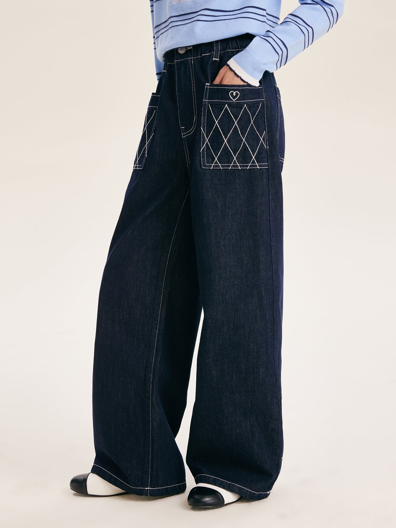 Girls' Wide Leg Denim Pants Dark Blue Casual Jeans