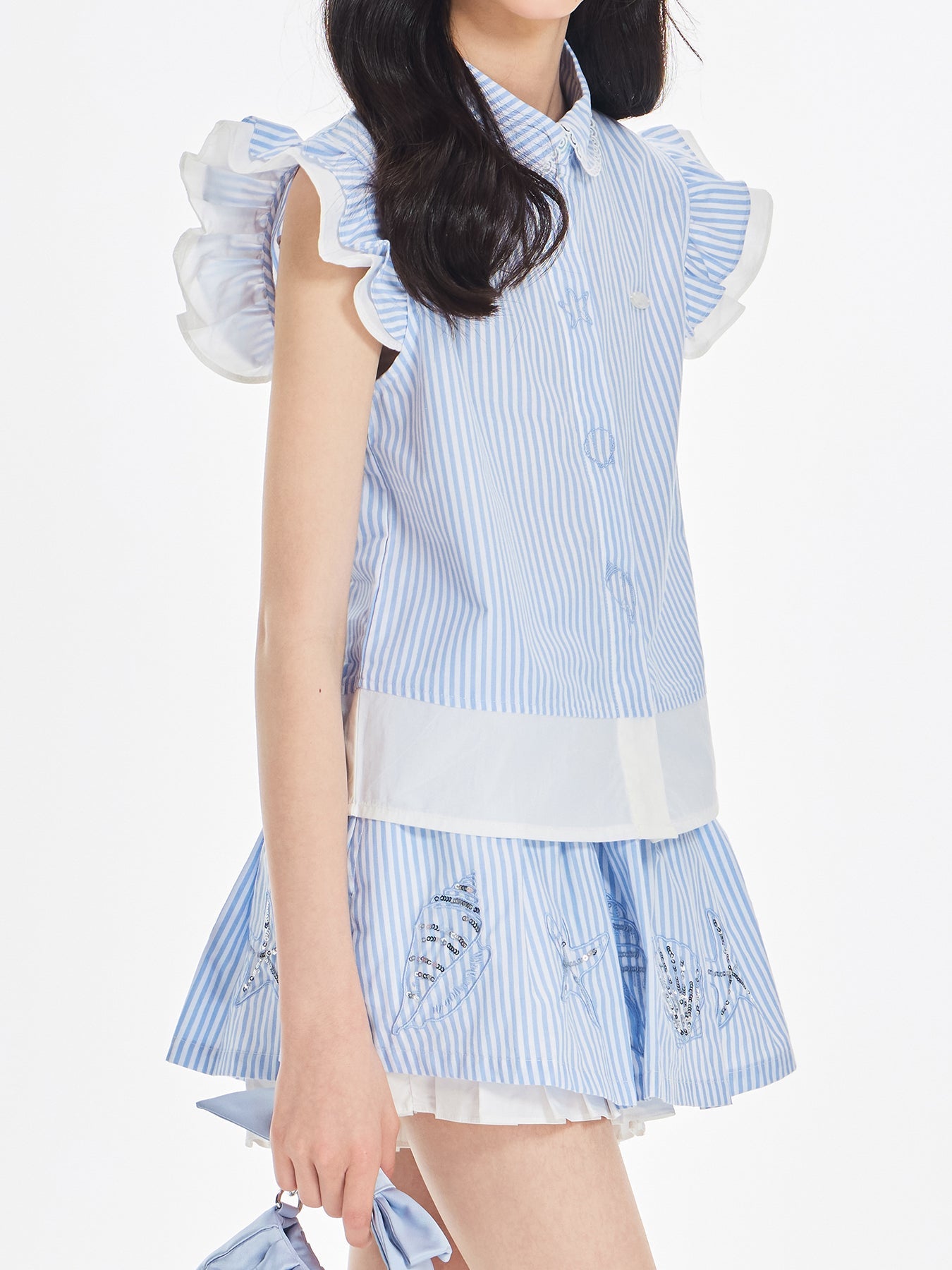 Girls Ruffle Sleeve Striped Blouse and Skirt Shorts