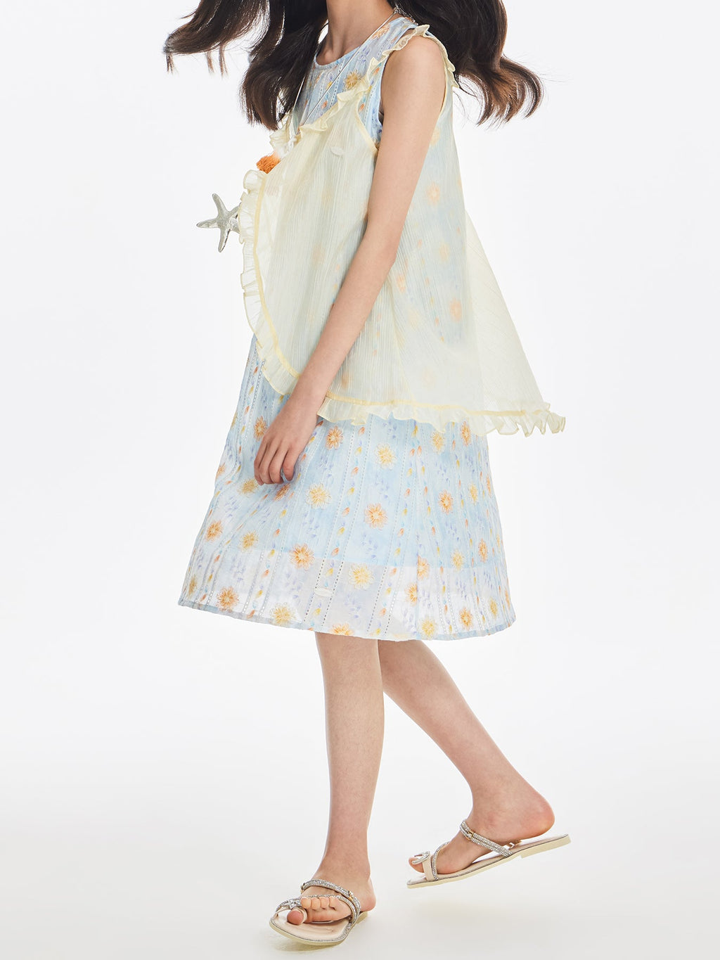 Girls Sleeveless Floral Dress with Ruffle