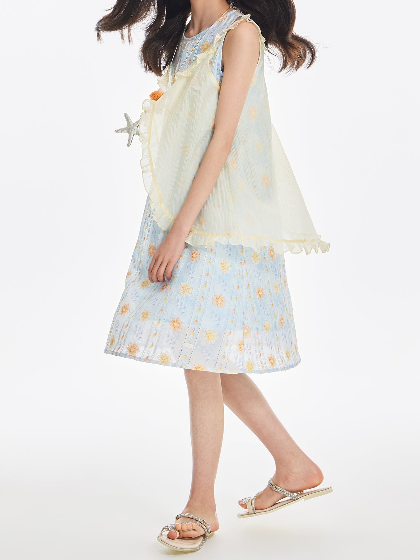 Girls Sleeveless Floral Dress with Ruffle