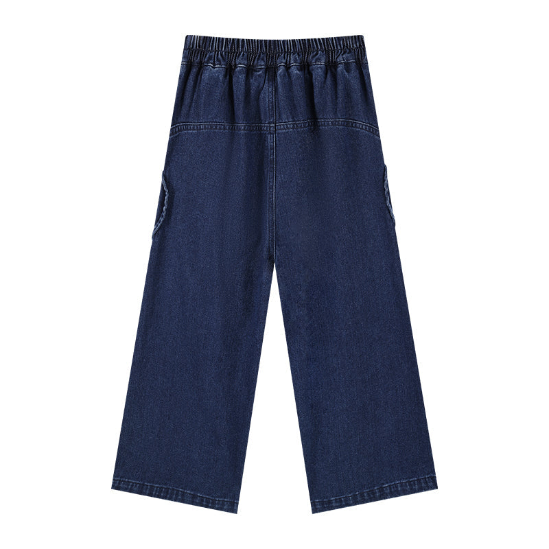 Girls Vintage Embroidered Wide Leg Denim Pants with Pockets