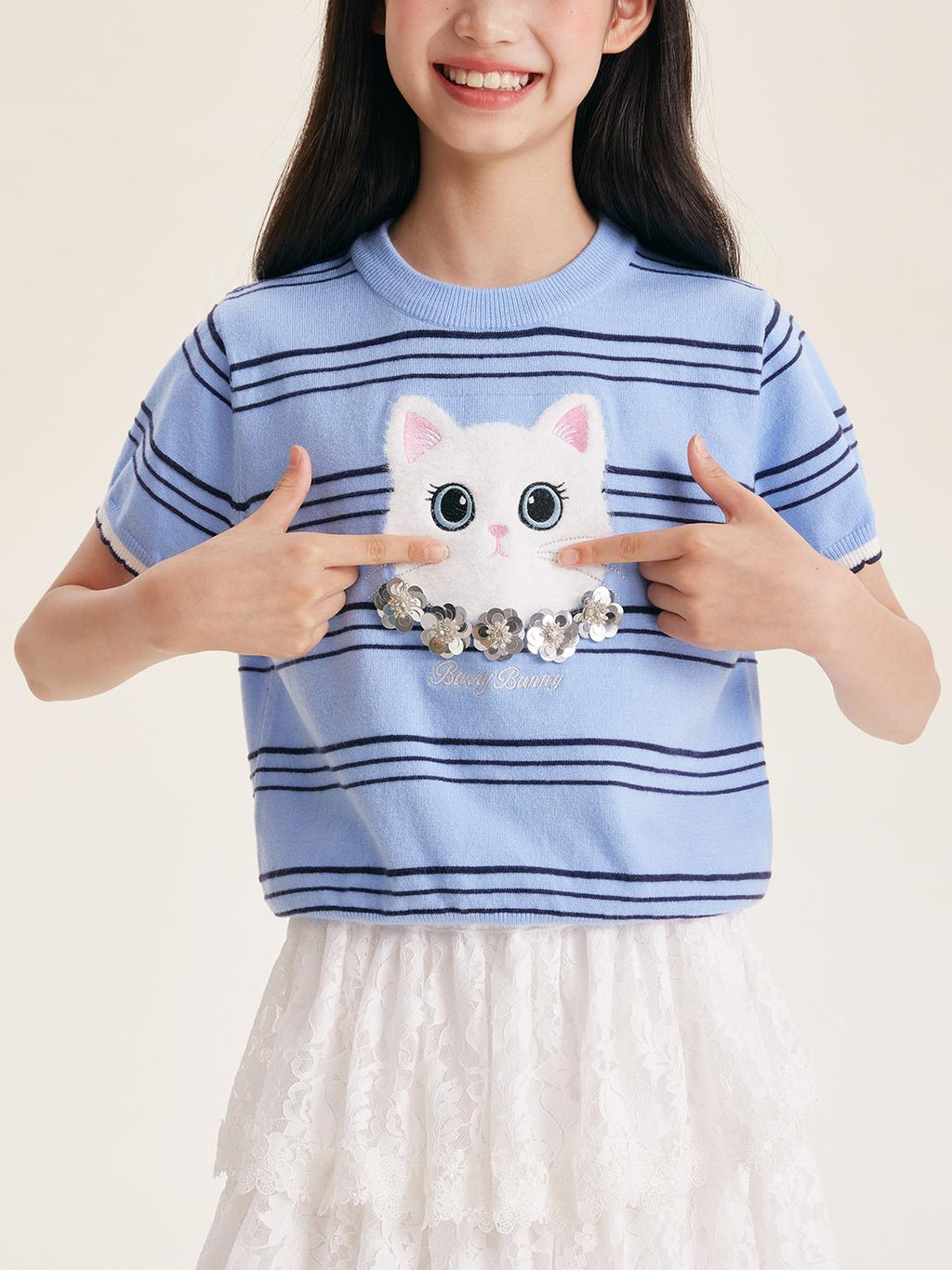 Girls Cartoon Cat Knit Top Short Sleeve Blue Tee
