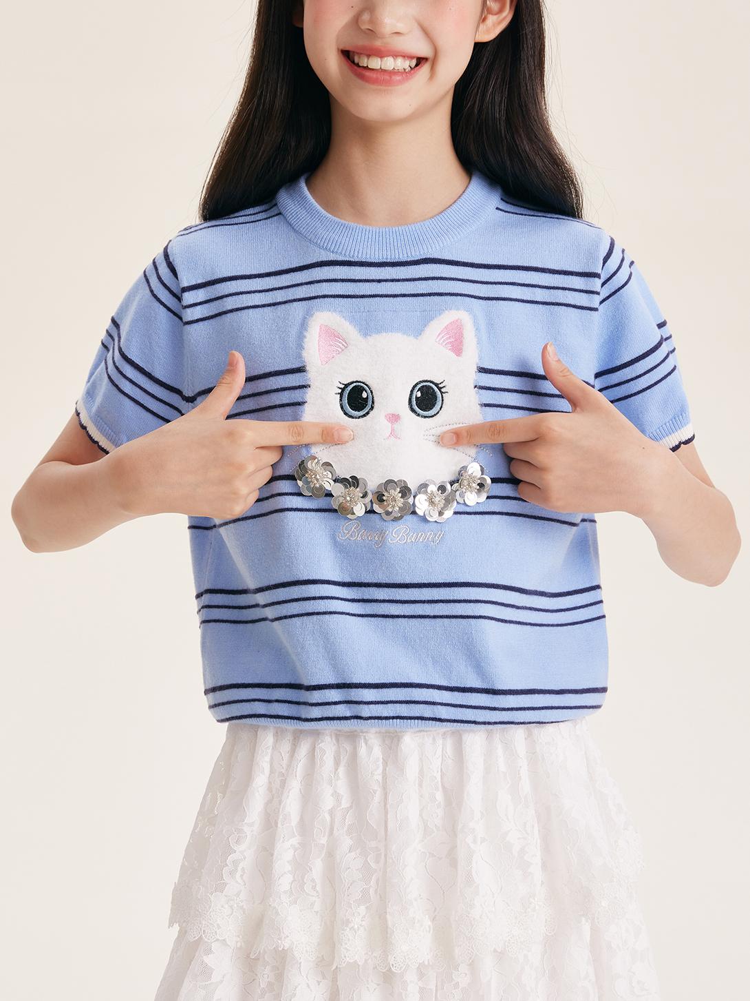 Girls Cartoon Cat Knit Top Short Sleeve Blue Tee